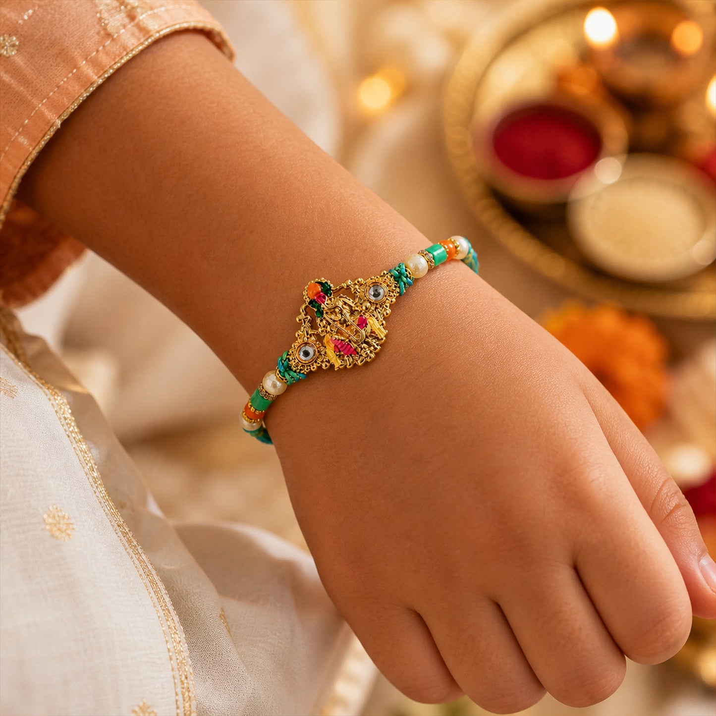 Lord Krishna Flute Pendant Rakhi with Pink and Yellow Drapery