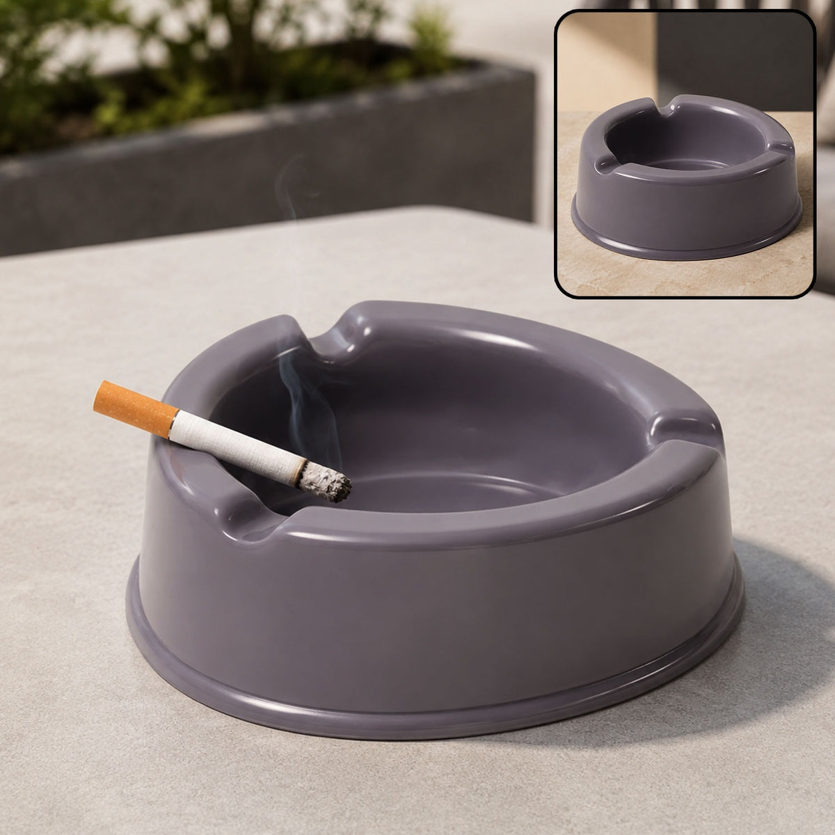 Plastic Ashtray – Durable Grey with Triple Cigarette Slots