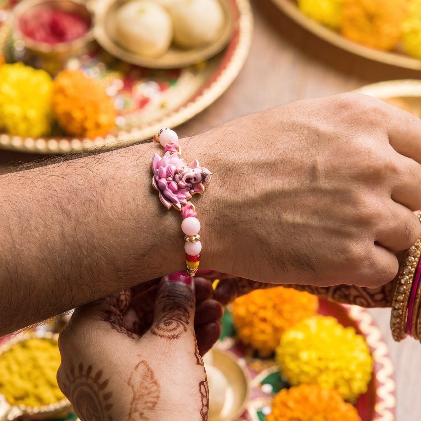 Pink Ganesha Rakhi Set with Choco Butterscotch, Pack of 3