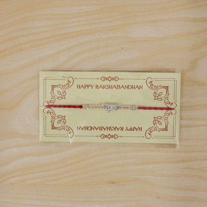 Silver Bhaiya Name Rakhi with Crystal Beads, Red Thread and Sparkling Detail
