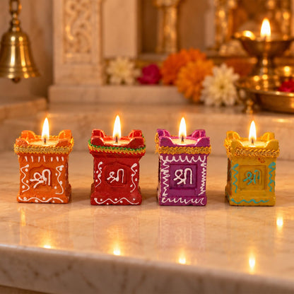 Tulsi-Shaped Decorative Clay Wax Diyas with Painted Details (4 Pc)