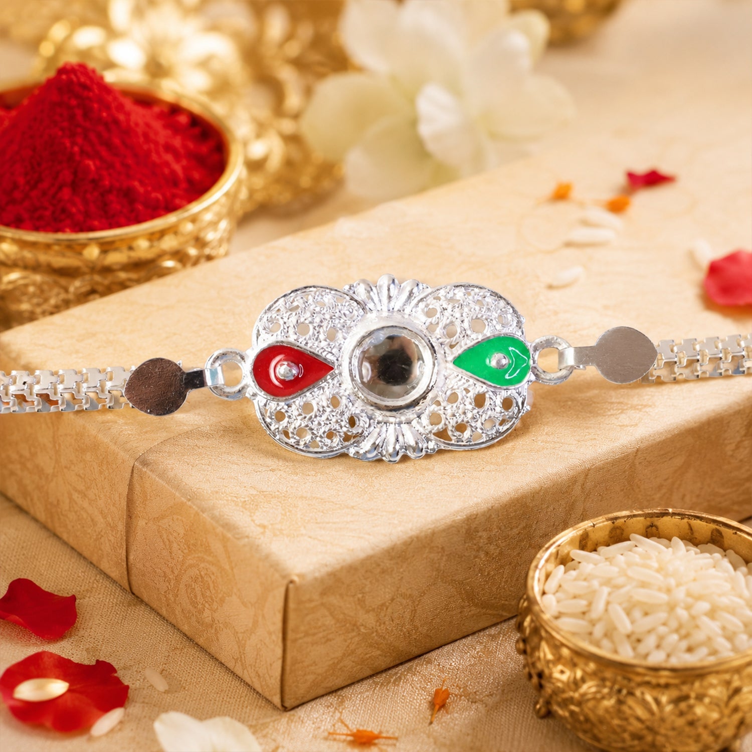 Silver Rakhi Enamel Mirror Stone Design for Brother (10pcs)