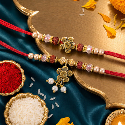 Divine Floral Motif Design Bhai Bhabhi Rakhi with Flower and Pearl Drop for Gifting