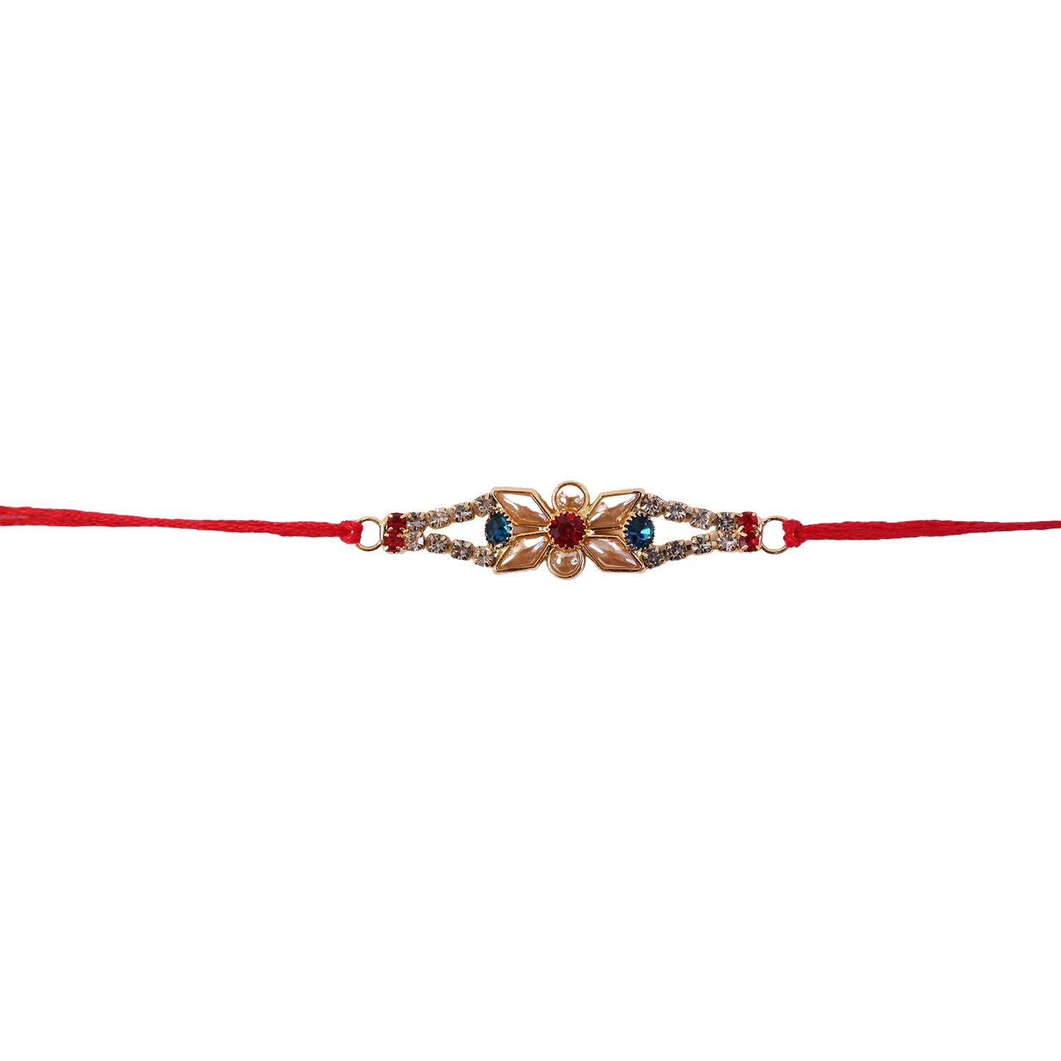 Red White Floral Rakhi with Triple Stone Center and Clean Finish