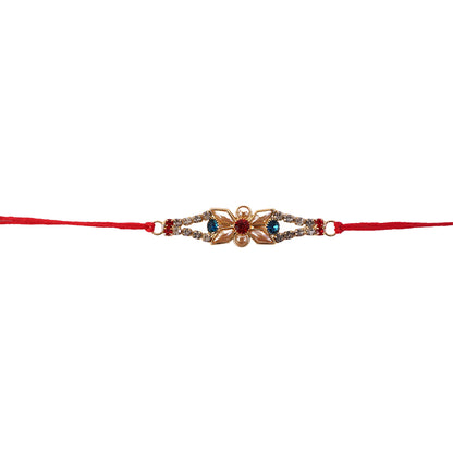 Red White Floral Rakhi with Triple Stone Center and Clean Finish