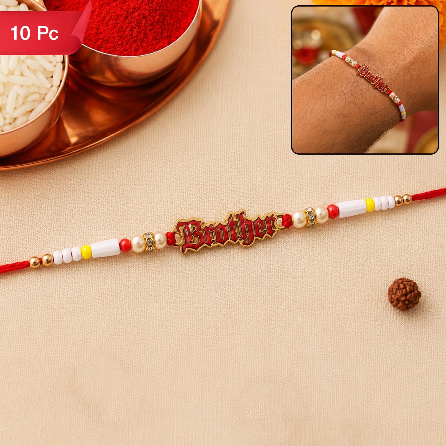 Text Charm Pearl Beads Rakhi Elegant Raksha Bandhan Gift (10pcs)