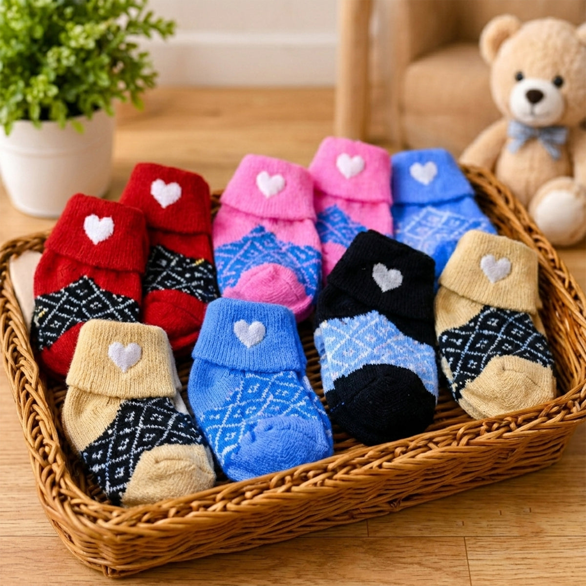 Soft Warm Baby Socks with Heart Design and Folded Cuffs (12 Pairs)