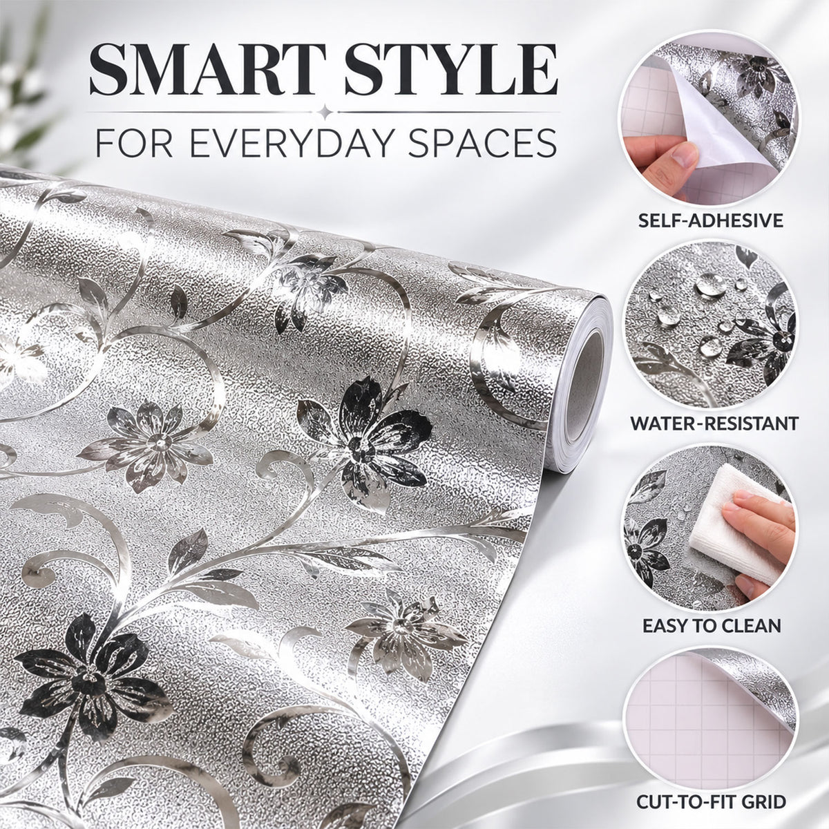 Roll of silver floral textured wallpaper with insets showing self-adhesive, water-resistant, easy to clean, and cut-to-fit