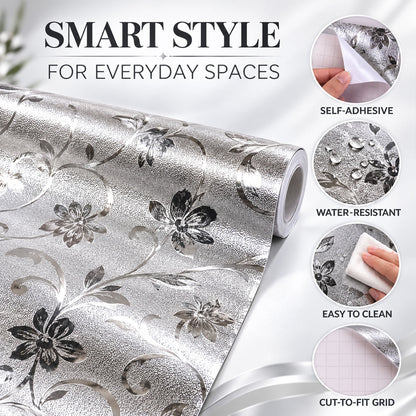 Roll of silver floral textured wallpaper with insets showing self-adhesive, water-resistant, easy to clean, and cut-to-fit