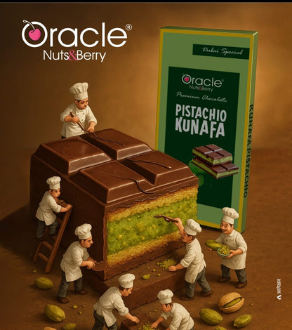Oracle Pistachio Kunafa Chocolate Bar, 100g, showcasing its enticing packaging.