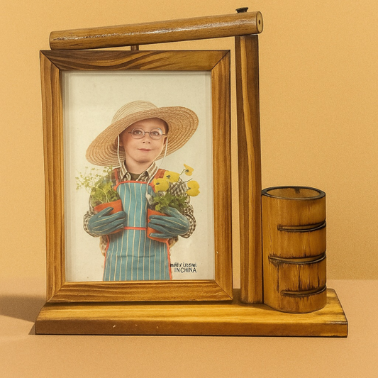 Wooden Photo Frame with Pen Holder Stand – 4x6 Inch Tabletop Frame for Desk, Office & Home Decor | Rustic Brown Finish | Multipurpose Wooden Frame for Family, Friends & Kids Photo Display