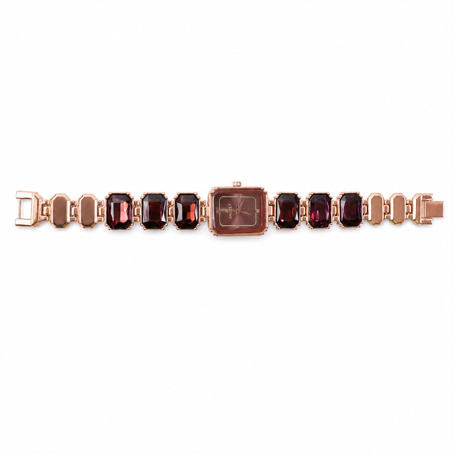 Rose Gold Square Shape Dial Watch with Black Red Stone Strap Design for Women