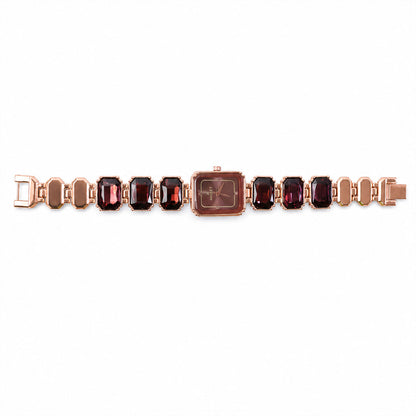 Rose Gold Square Shape Dial Watch with Black Red Stone Strap Design for Women