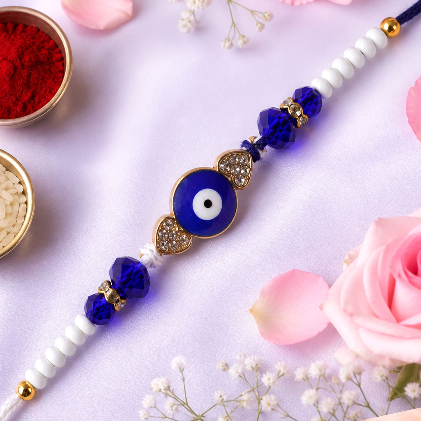 Nazar Evil Eye Heart Studded Crystal Beads Designer Rakhi