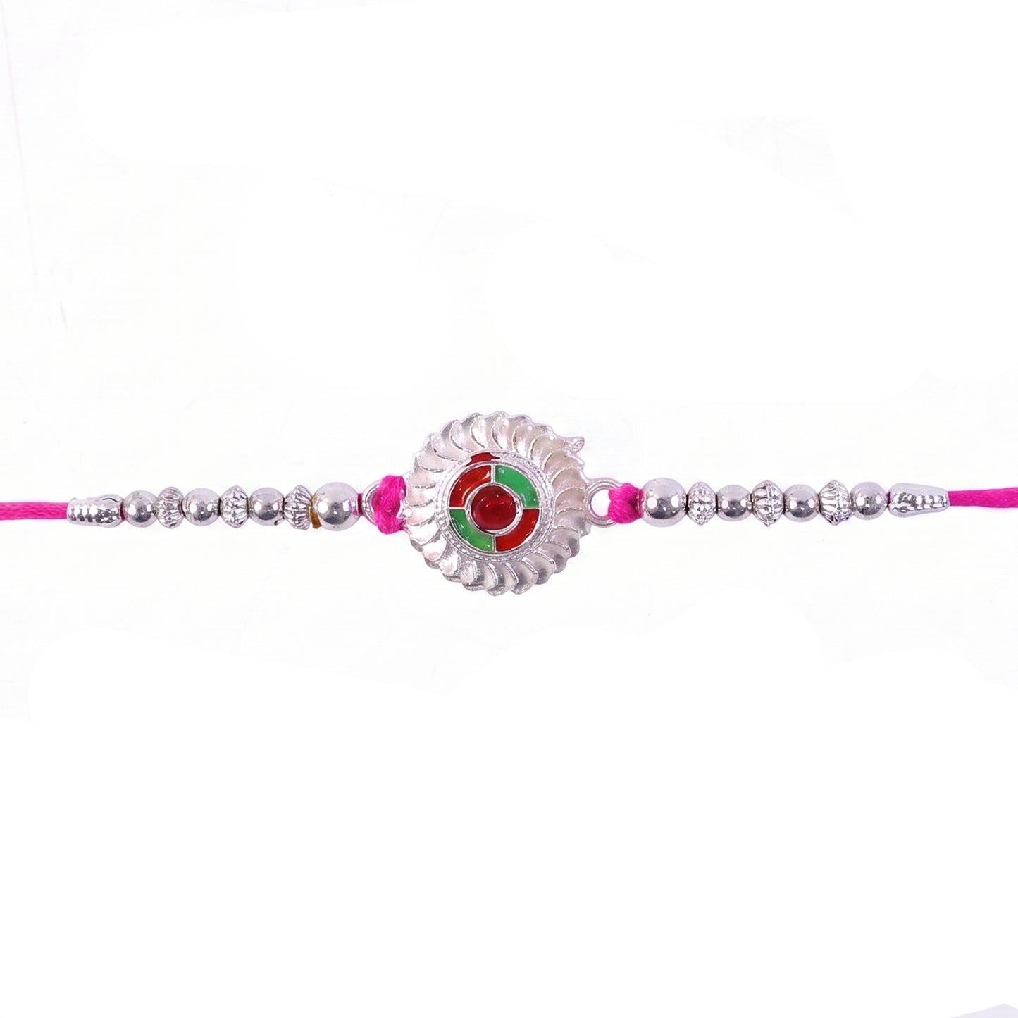 Silver Round Floral Rakhi with Red Stone and Pink Beads
