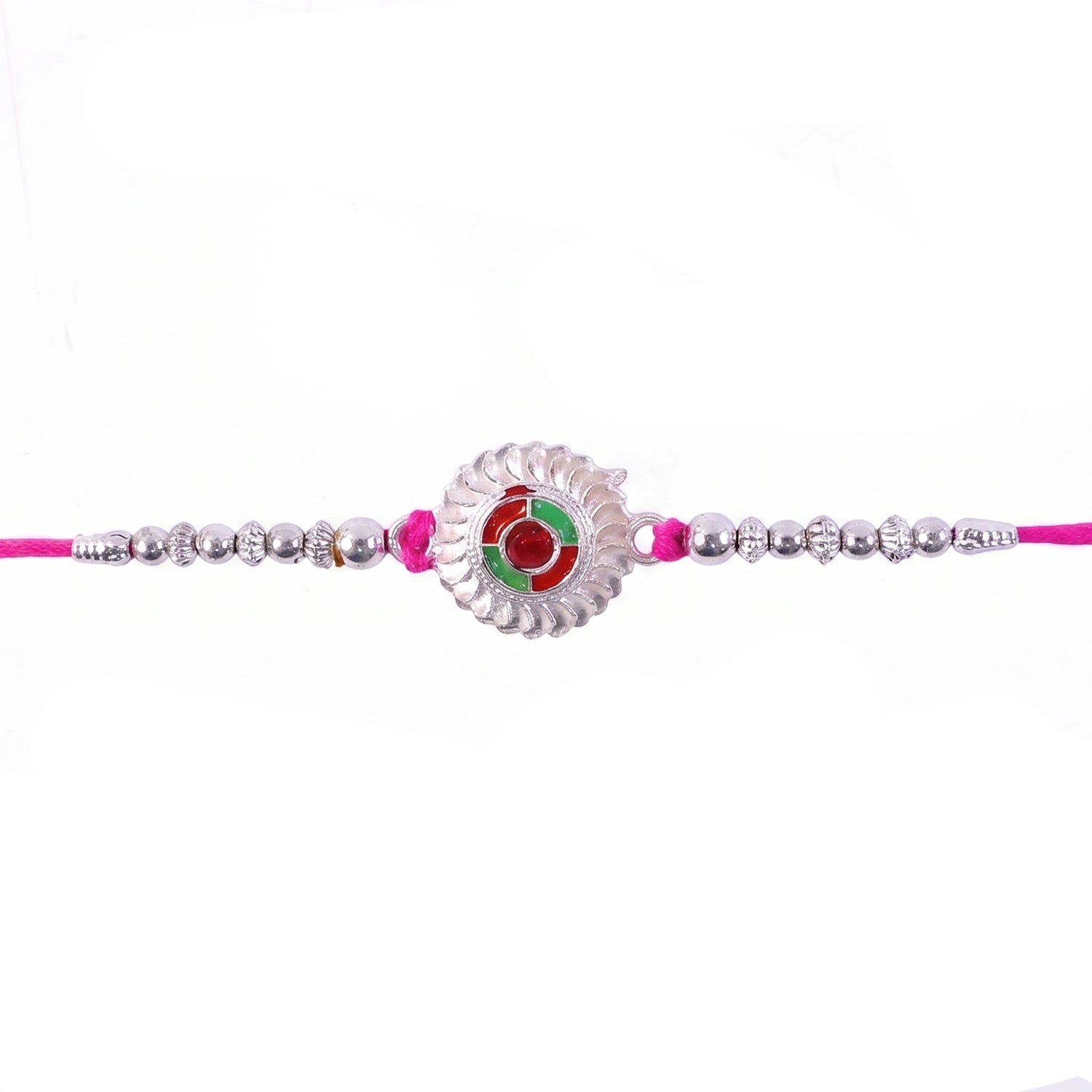Silver Round Floral Rakhi with Red Stone and Pink Beads