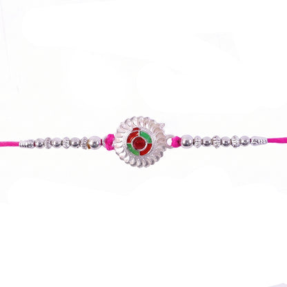 Silver Round Floral Rakhi with Red Stone and Pink Beads