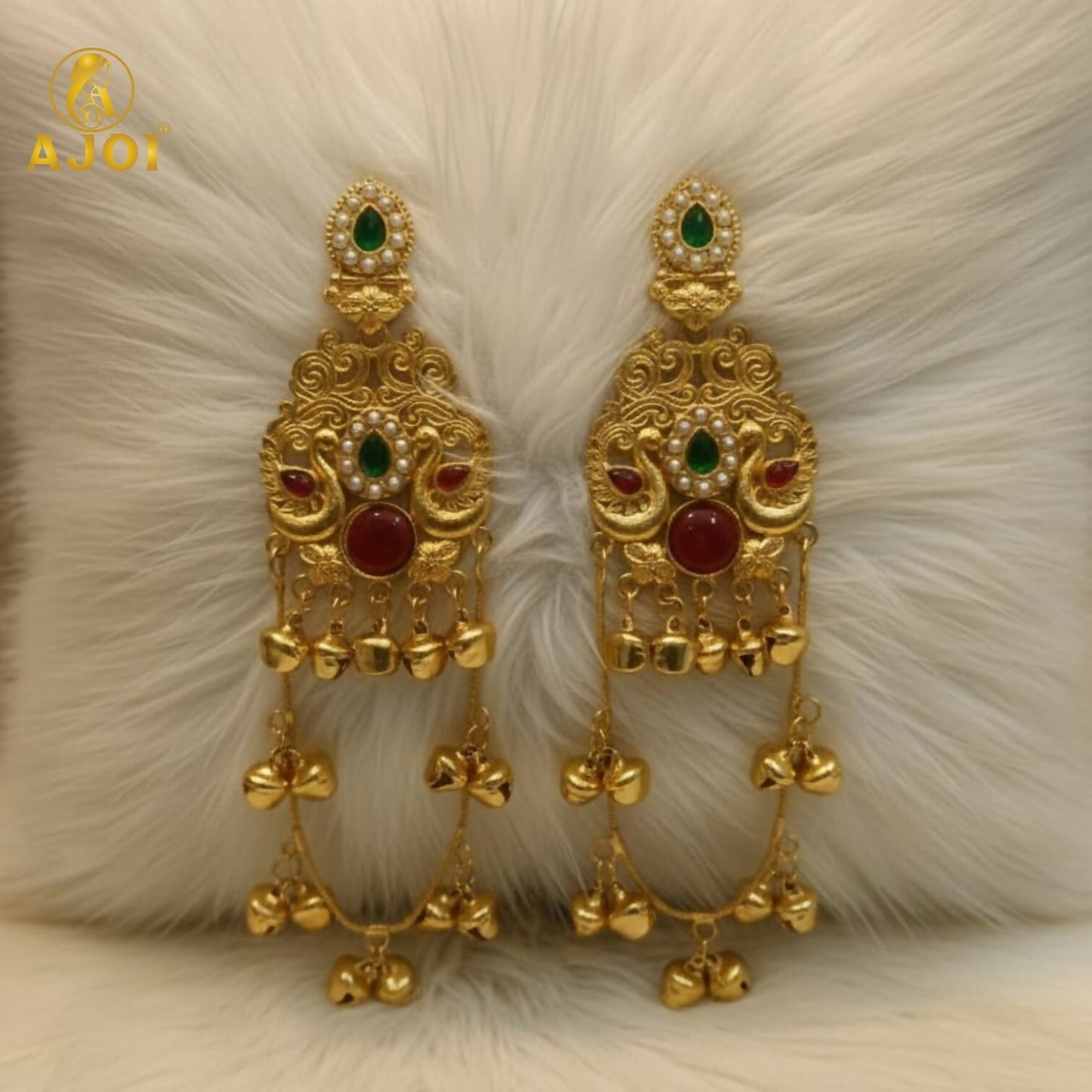 Green & Ruby Stone Kashmiri Traditional Gold-Plated Ghungroo Earrings For Women And Girls.
