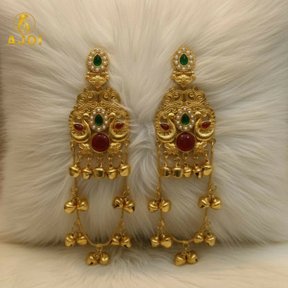 Green & Ruby Stone Kashmiri Traditional Gold-Plated Ghungroo Earrings For Women And Girls.