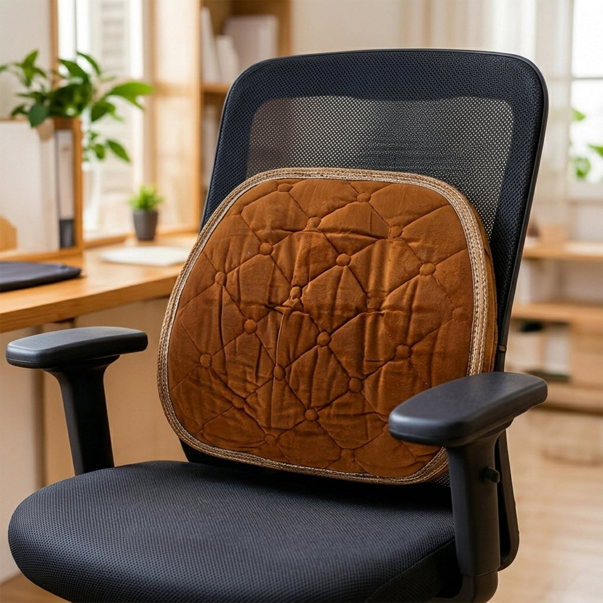 Brown quilted velvet lumbar support cushion attached to a black mesh office chair.