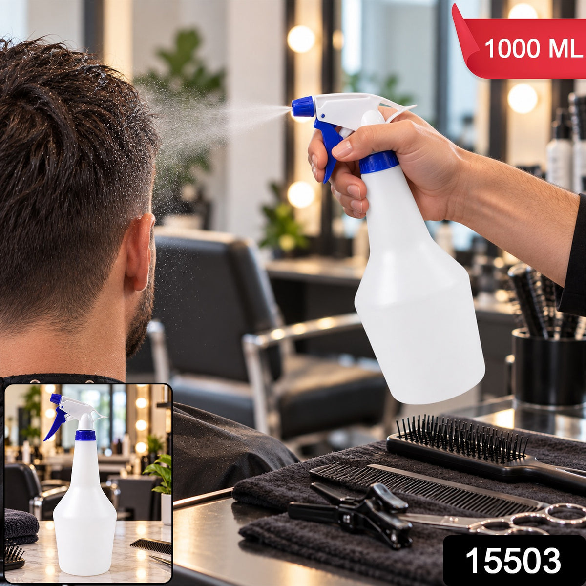 A person sprays water onto a man's hair in a salon setting, holding a white bottle with a blue trigger. – view 2