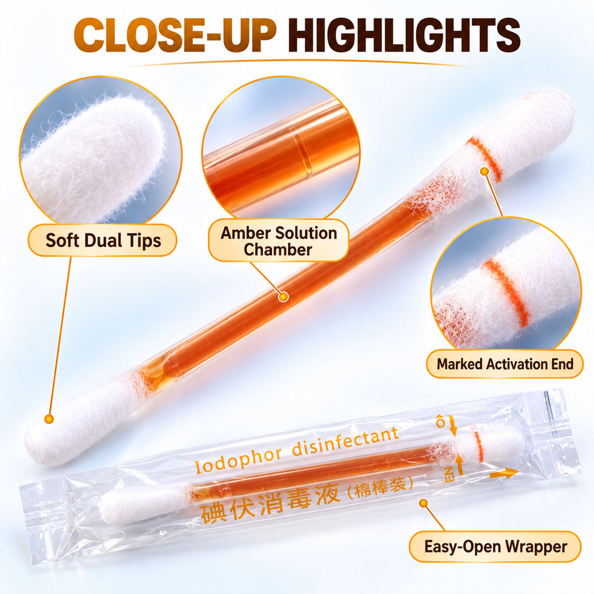 Individually Wrapped Iodine Swab Sticks with Dual Cotton Tips (50 Pc)