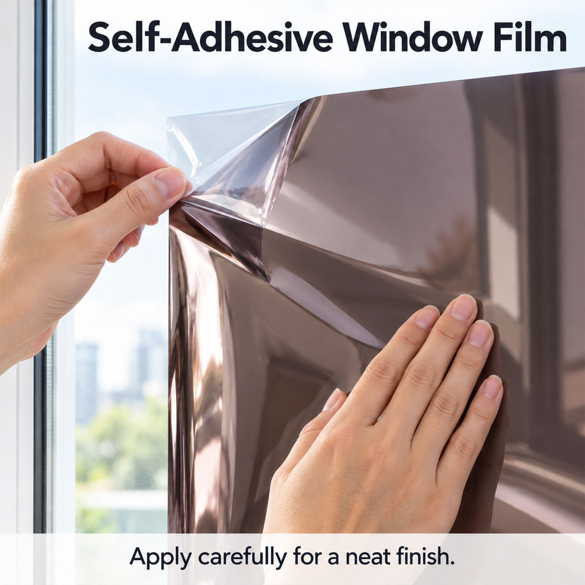 Hands carefully peeling the clear backing from a sheet of brown reflective window film against a bright window.
