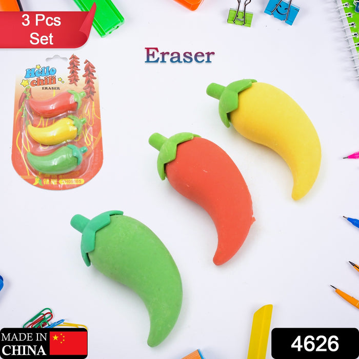4626 3D Fancy & Stylish Colorful Chili Shape Erasers, Mini Eraser Creative Cute Novelty Eraser for Children Eraser Set for Return Gift, Birthday Party, School Prize, (3 pc Set)