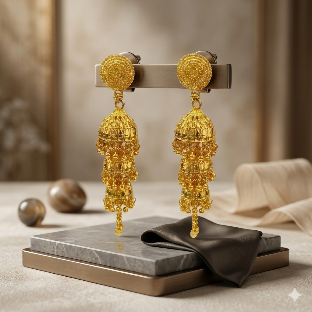 Close-up of traditional gold tone jhumki earring