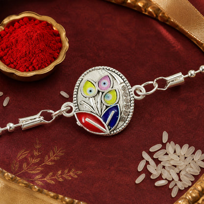Leaft Evil Eye Motif Enamel Crystal Studded Silver Chain Designer Rakhi