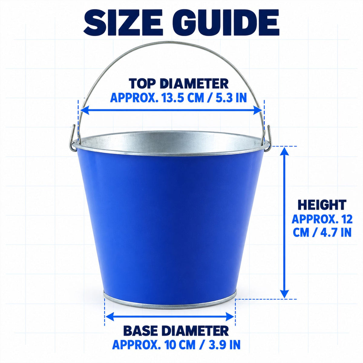 A blue metal bucket with a size guide indicating its top diameter, height, and base diameter in centimeters and inches.