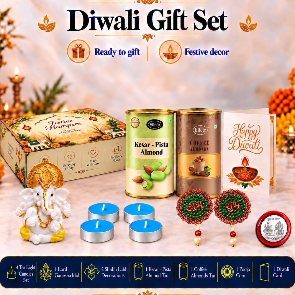 A festive hamper box, Ganesha idol, four blue tealights, Diwali card, two almond tins, two decorative hangings, and – view 4