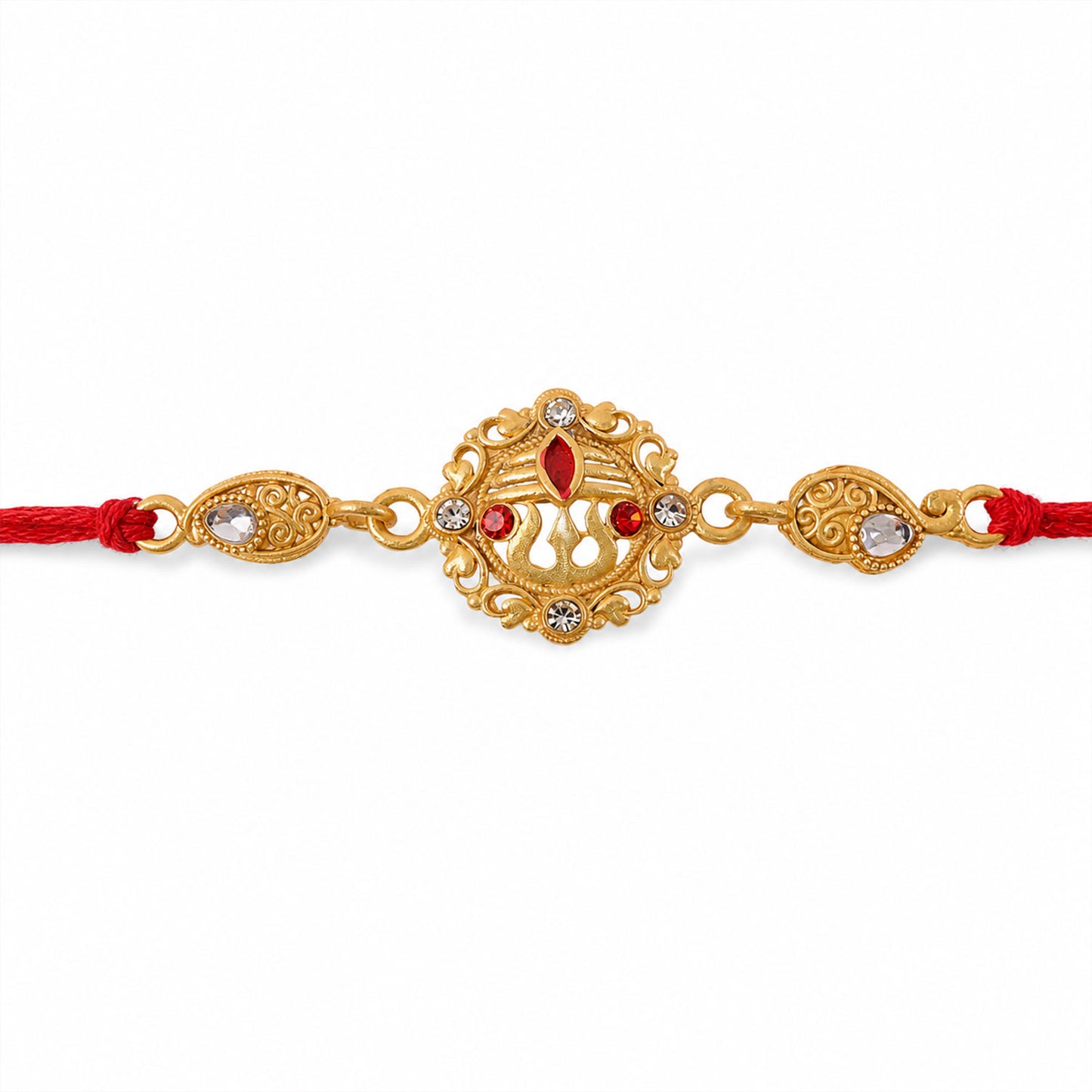 Gold-Toned Trishul Rakhi with Red Stones, Clear Crystal Accents & Designer Red Thread