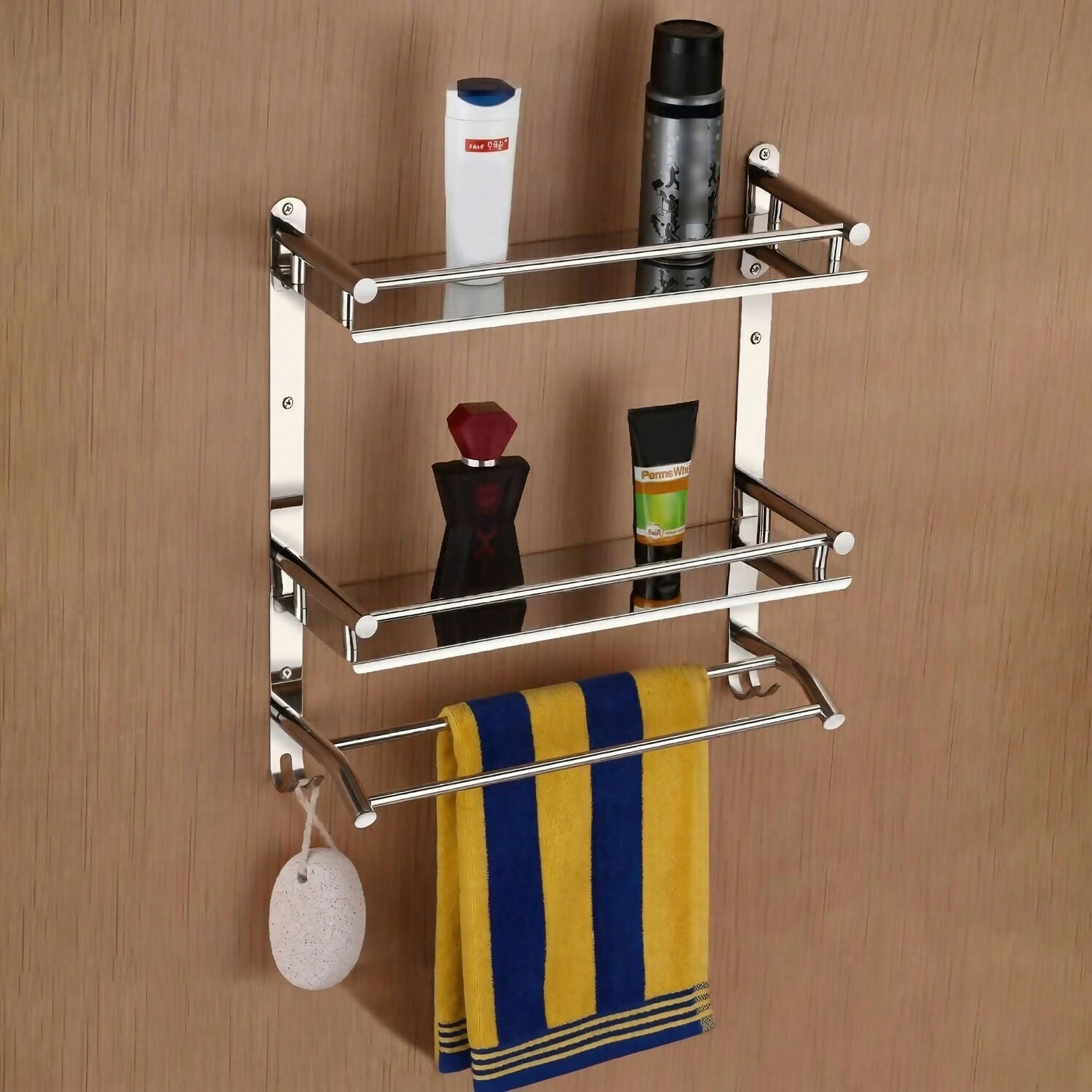 Multipurpose Wall Mounted Bathroom Shelf Organizer with Towel Bar and Storage Rack