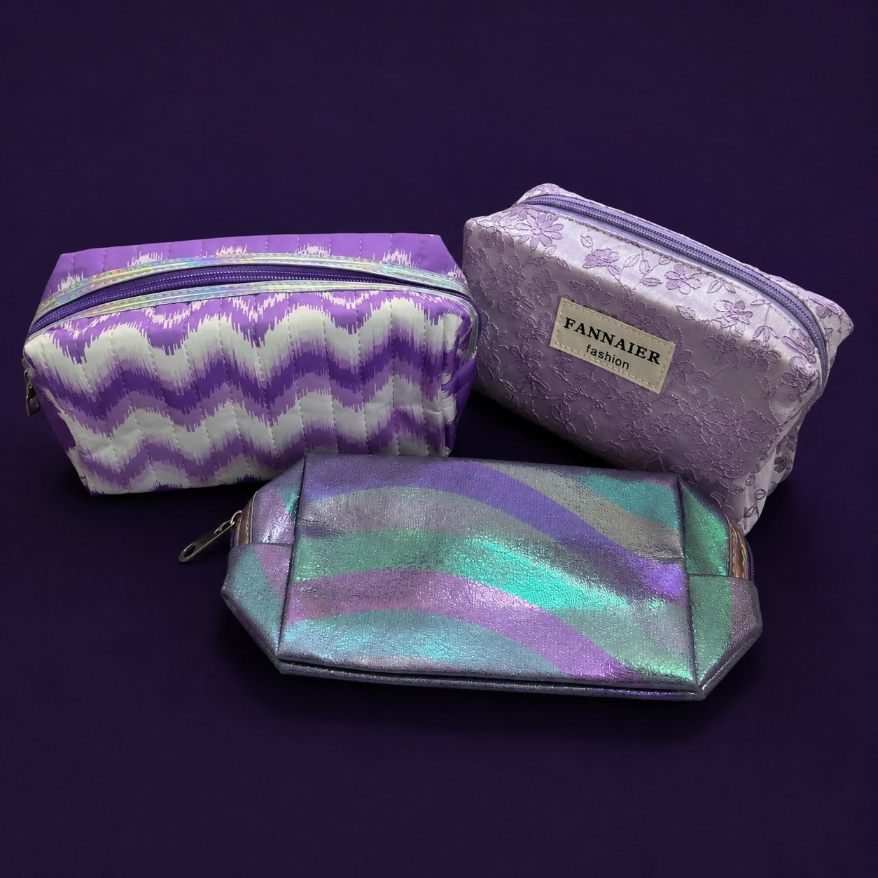 Top view showing compartments in purple organizer pouch