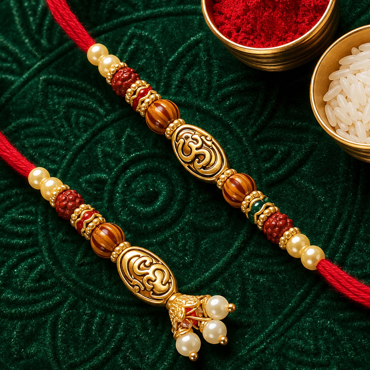 Antique Om Couple Rakhi Set with Rudraksha Style Beads and Pearl Lumba Charm Design