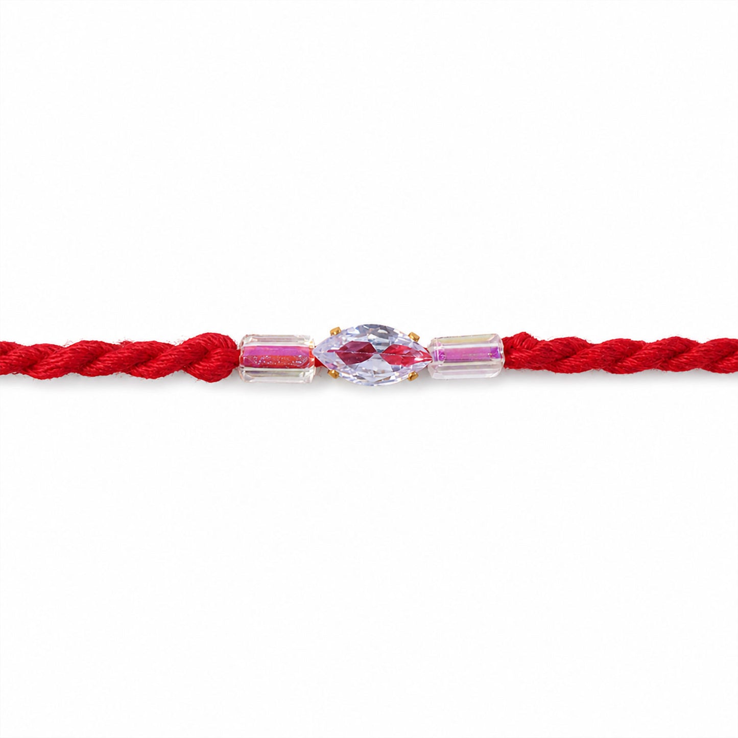 Red Thread Rakhi with Pink and Clear Crystal Bead Pendant Accents