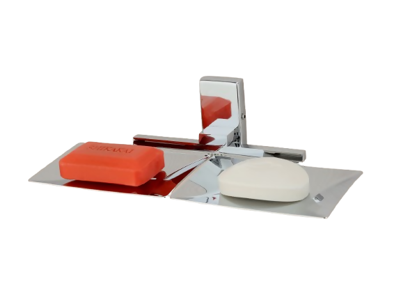 Close-up of stainless steel double soap dish showing corrosion-resistant finish and mounting screws