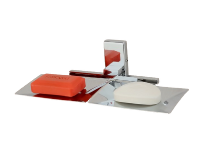 Close-up of stainless steel double soap dish showing corrosion-resistant finish and mounting screws