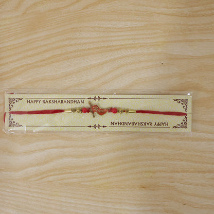 Jay Shree Ram Red Meenakari Flag Rakhi with Gold Beads and Mauli Thread