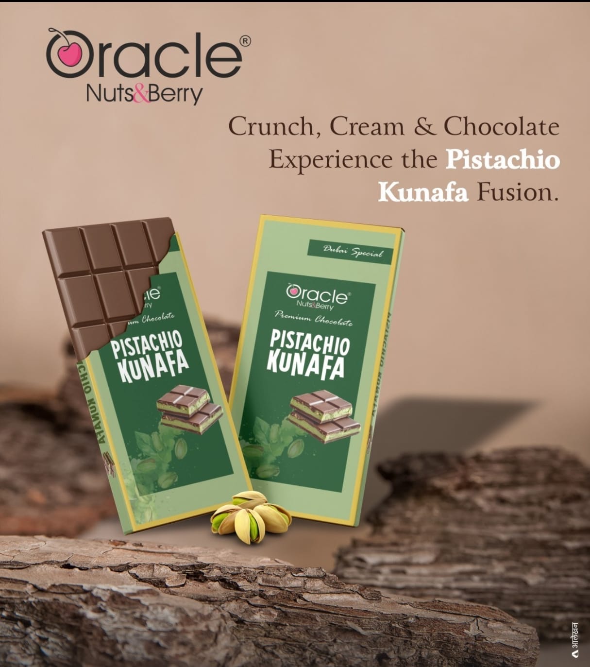 Elegant packaging of the Oracle Pistachio Kunafa Chocolate Bar.