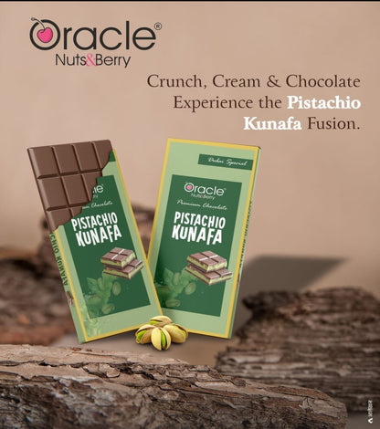 Elegant packaging of the Oracle Pistachio Kunafa Chocolate Bar.