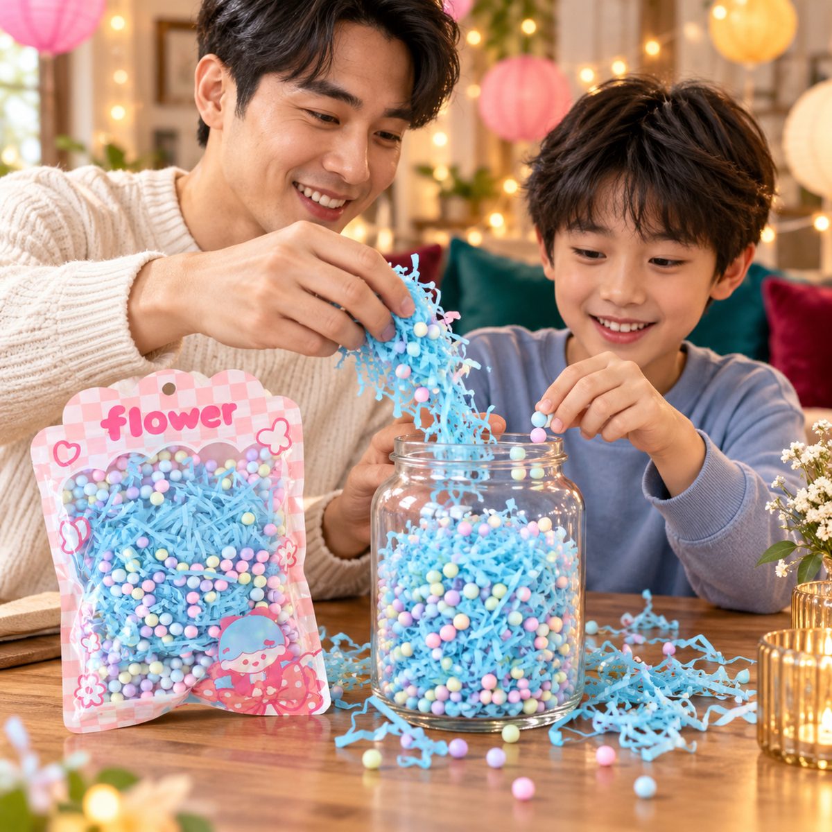 A father and son filling a glass jar with blue shredded paper and pastel foam balls, surrounded by festive lights.