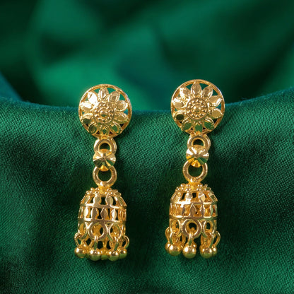 Side view of gold-plated jhumka earrings showing chain detail