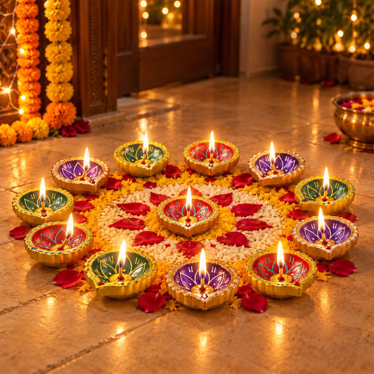 Decorative Painted Clay Diyas with Lotus Motifs and Gold-Tone Rims (12 Pc)