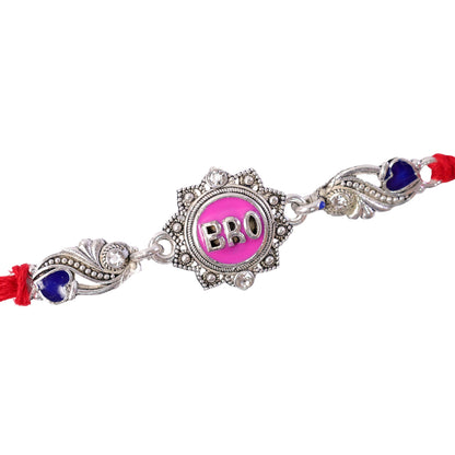 Silver-Toned BRO Rakhi with Pink Enamel, Blue Heart Accents, Crystals & Red Thread