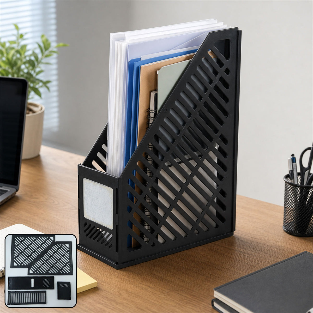 Plastic vertical file holder stand with open lattice sides for desk organization