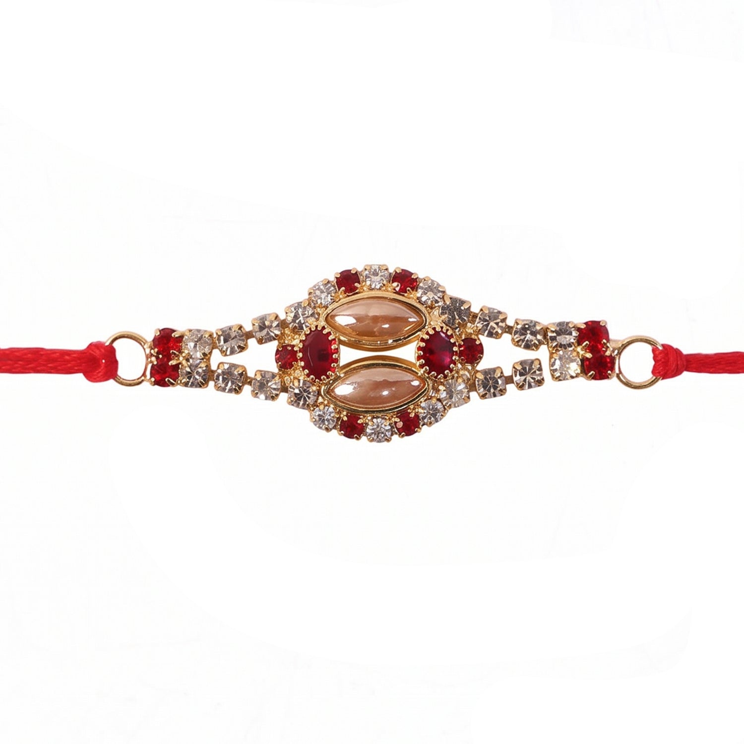 Oval Kundan Bracelet Rakhi with Red Blue Stones and Crystal Line