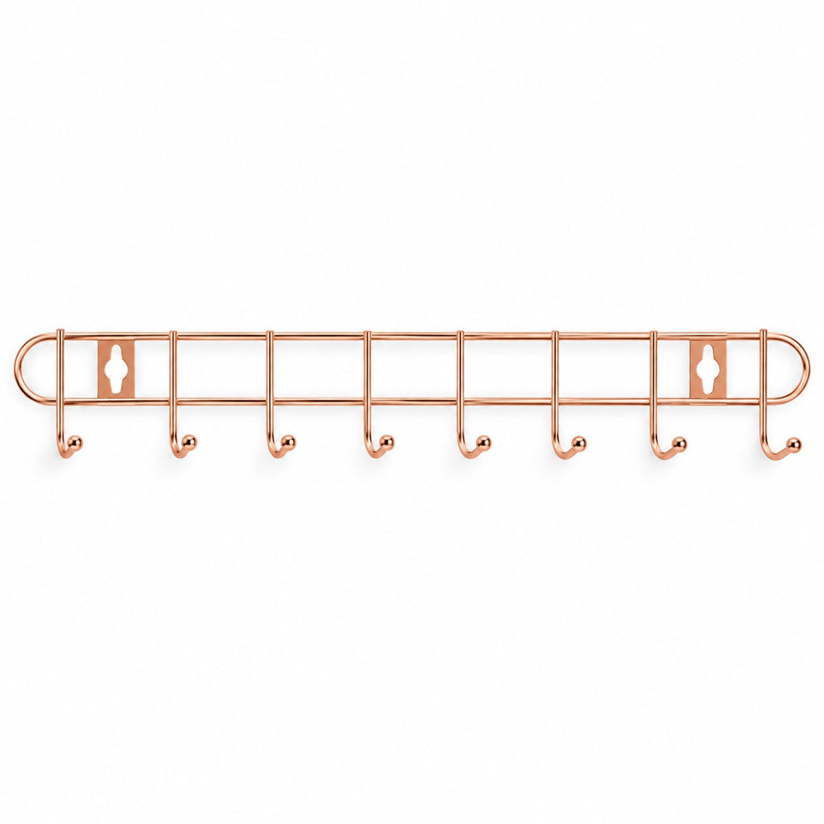A rose gold metal wall hanger with eight hooks is presented on a plain white background.