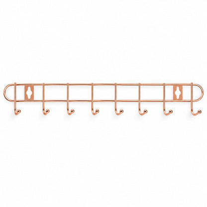 A rose gold metal wall hanger with eight hooks is presented on a plain white background.